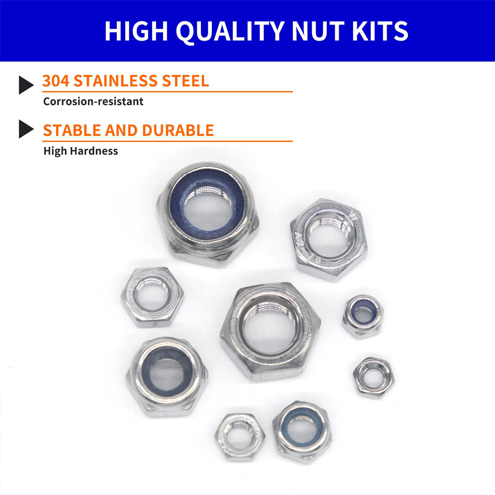 175pcs Stainless Steel Self Lock Hex Nut Nylock Locknut Kit M3-M10 Nylon Insert