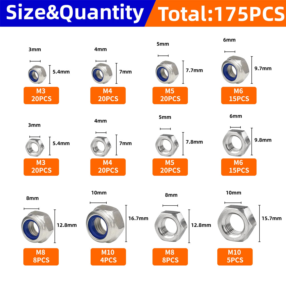 175pcs Stainless Steel Self Lock Hex Nut Nylock Locknut Kit M3-M10 Nylon Insert