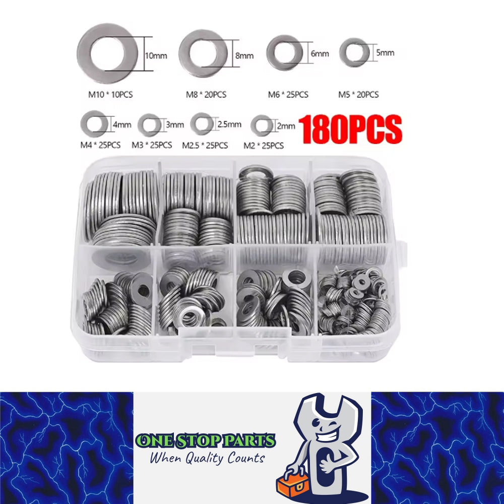 180pcs Stainless Steel Washer Assortment Kits M2-M12 Metal Screw Flat Washer