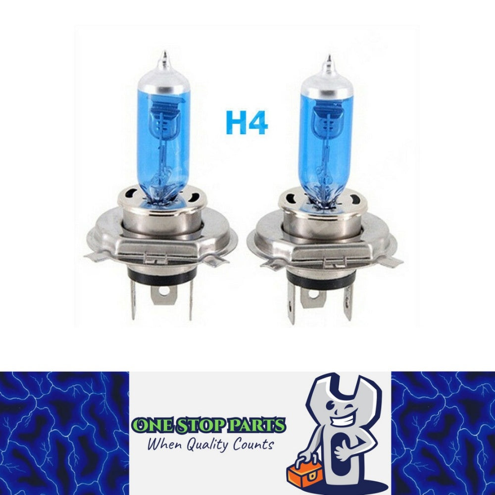 2 x Halogen 12v H4 90/100 White 5000k Globes Quality H4 Blue Coated 100/90 Pair
