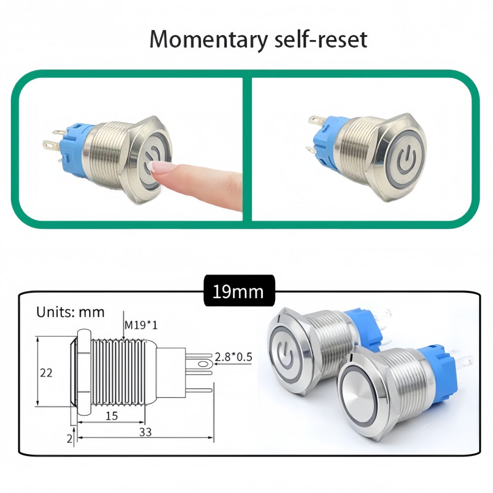 2 x 19mm White LED Metal Push Button Switch 12V-24V Pre-Wired Self-Rest Switch