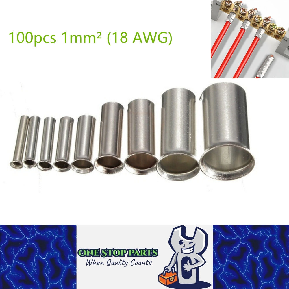 100 x 1mm² (18 AWG) Copper Tinned Bare wire end Crimp Cable end connection