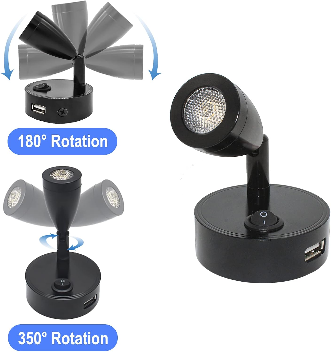 12v-24v Black Warm White LED Bedside Reading Light with Switch and USB (1pc)