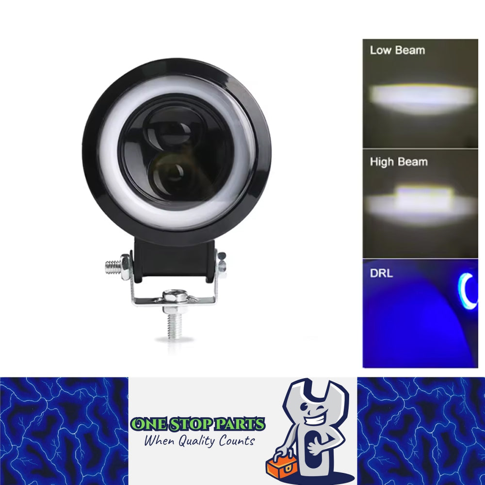 1 x 74mm Round LED Driving Light with High/Low Beam Halo Blue DRL 20W Work Light