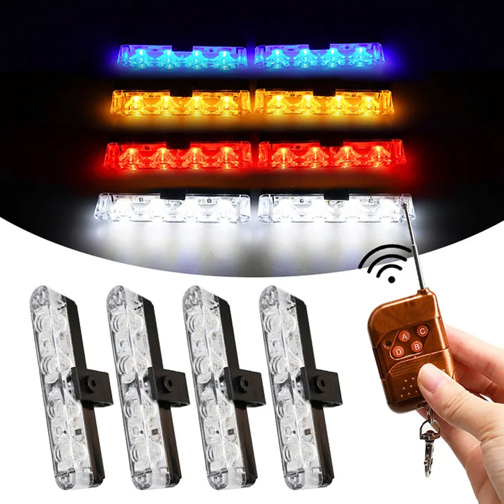 4 x Car Front LED Grille Lights White LED Strobe Light Remote Grill Warning Lamp