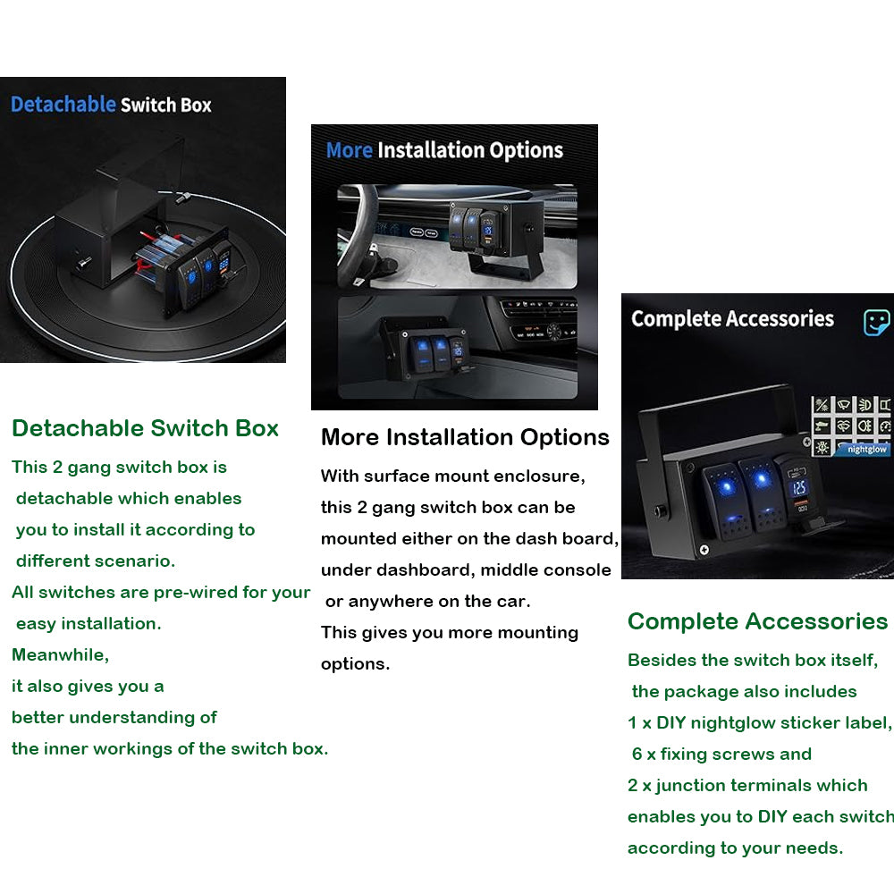 2 Gang Rocker Switch Panel Rotate Box with PD + QC3.0 USB Outlet and Voltmeter