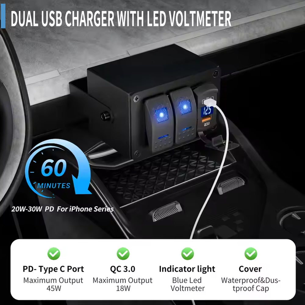 2 Gang Rocker Switch Panel Rotate Box with PD + QC3.0 USB Outlet and Voltmeter