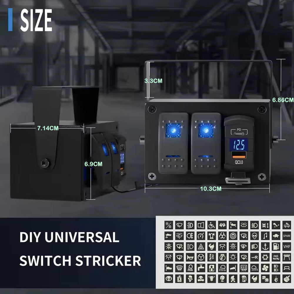 2 Gang Rocker Switch Panel Rotate Box with PD + QC3.0 USB Outlet and Voltmeter