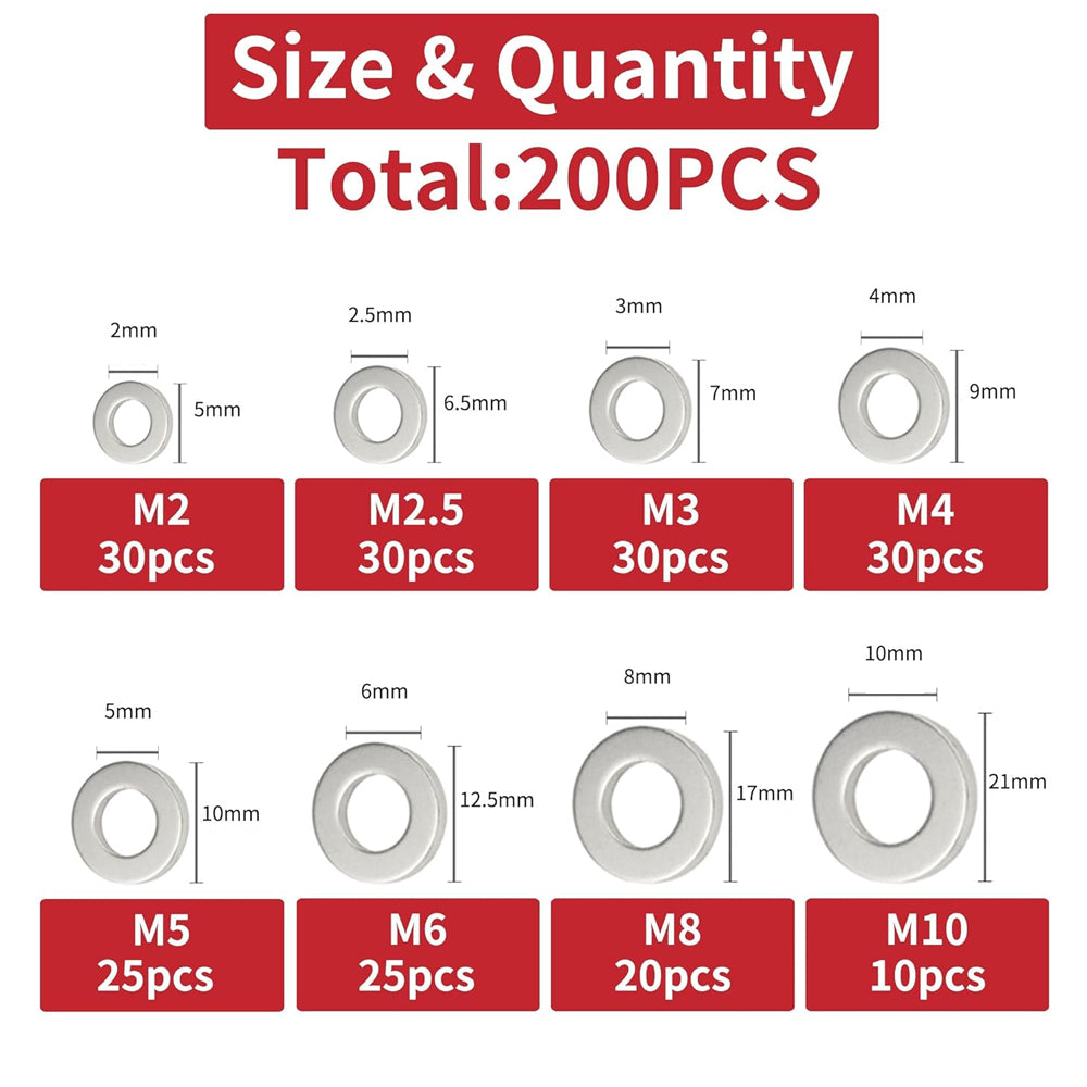 200pcs 304 Stainless Steel Flat Washer Kit M2–M10 8 Size for Home Car Repair DIY