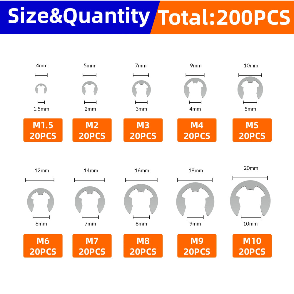 200pcs E-Clips M1.5-M10 Circlip Washer Kit 10Size Stainless Steel Retaining Ring