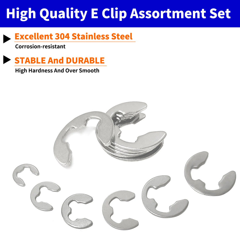 200pcs E-Clips M1.5-M10 Circlip Washer Kit 10Size Stainless Steel Retaining Ring