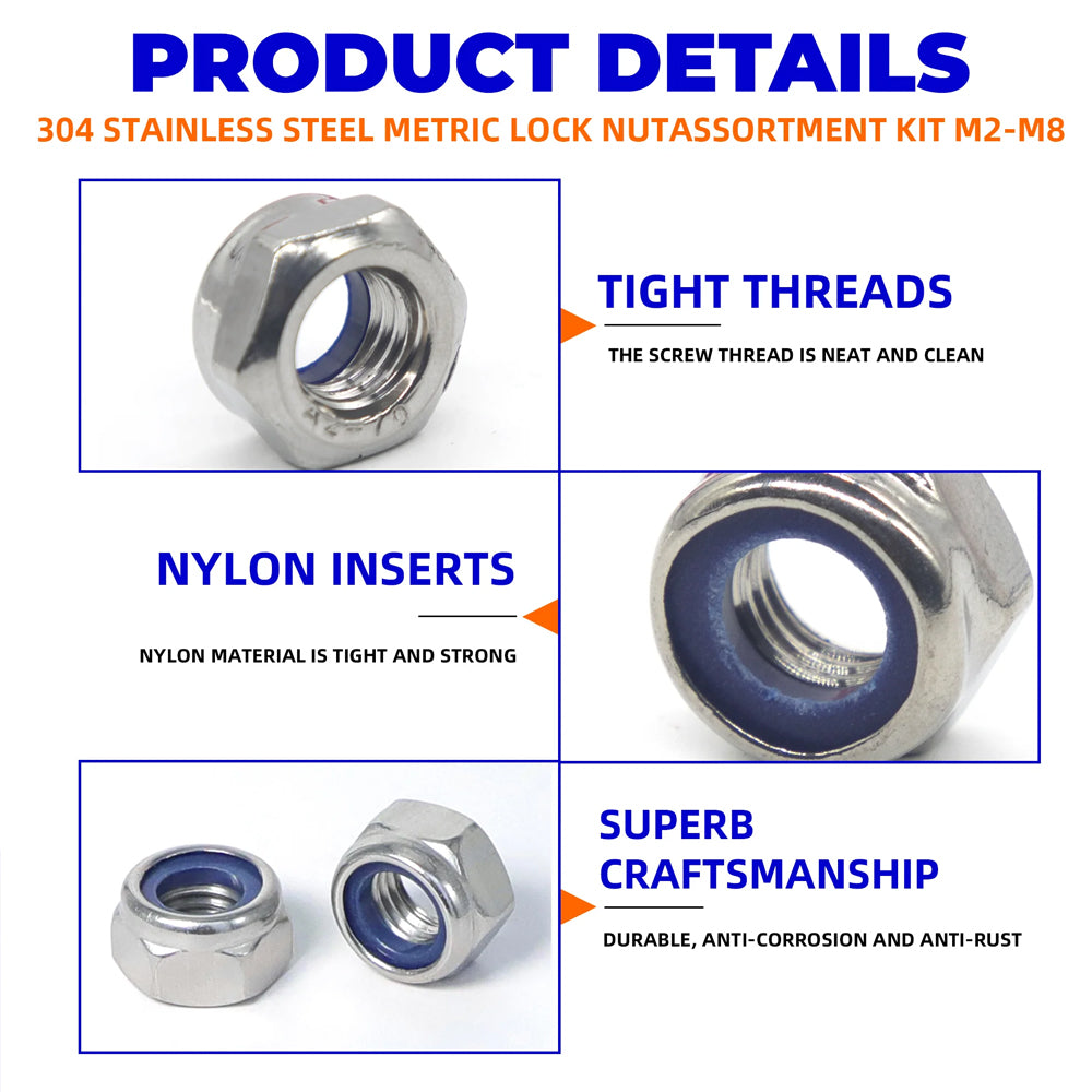 200pcs Stainless Steel Self Lock Hex Nut Nylock Locknut Kit M2-M8 Nylon Insert