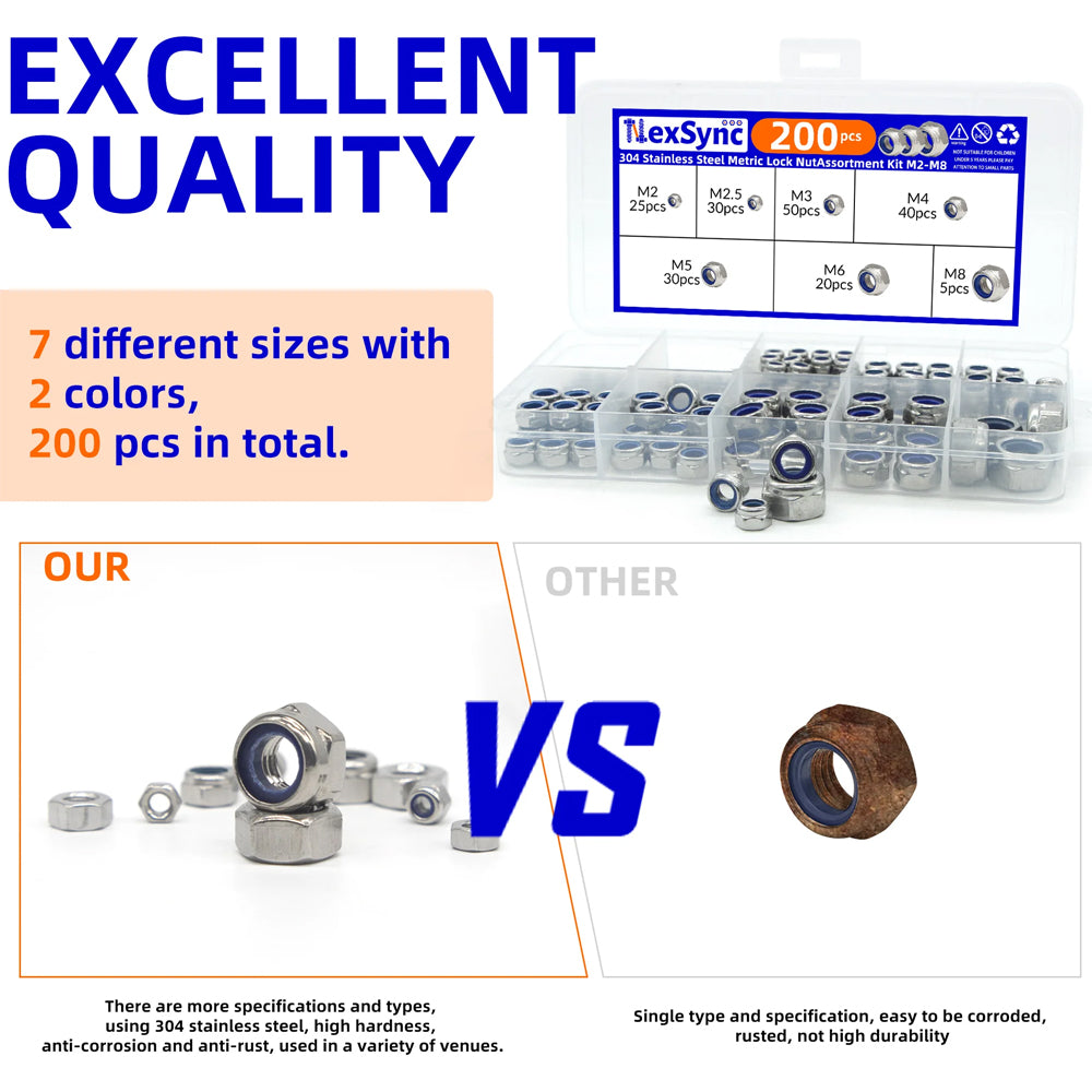 200pcs Stainless Steel Self Lock Hex Nut Nylock Locknut Kit M2-M8 Nylon Insert