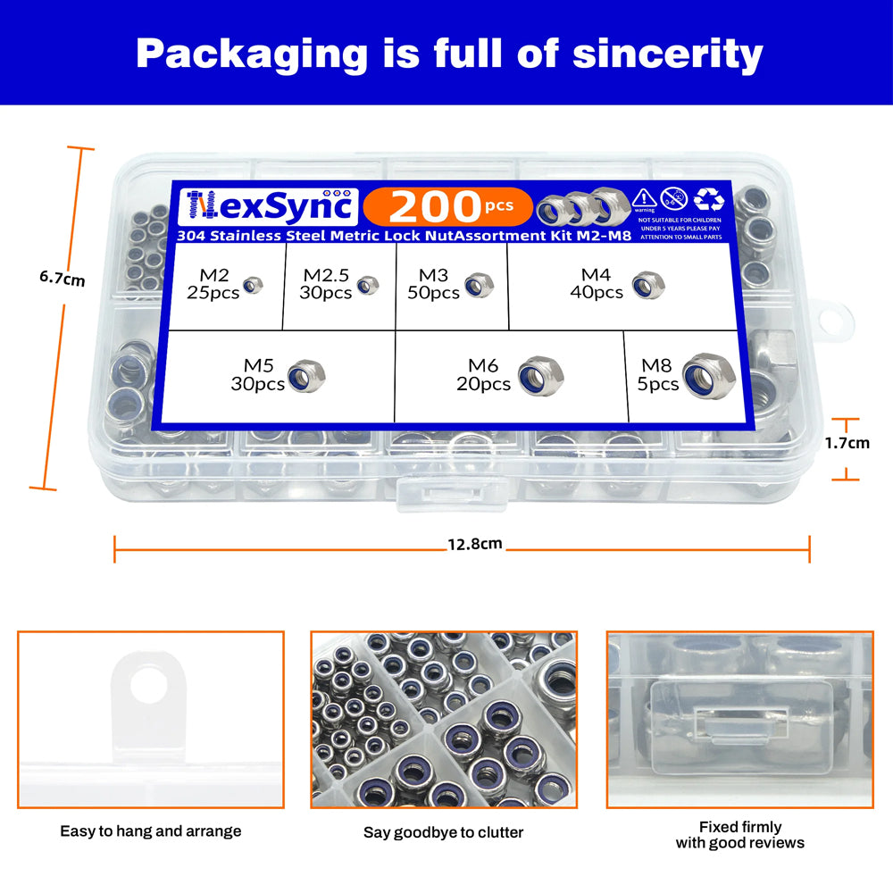 200pcs Stainless Steel Self Lock Hex Nut Nylock Locknut Kit M2-M8 Nylon Insert