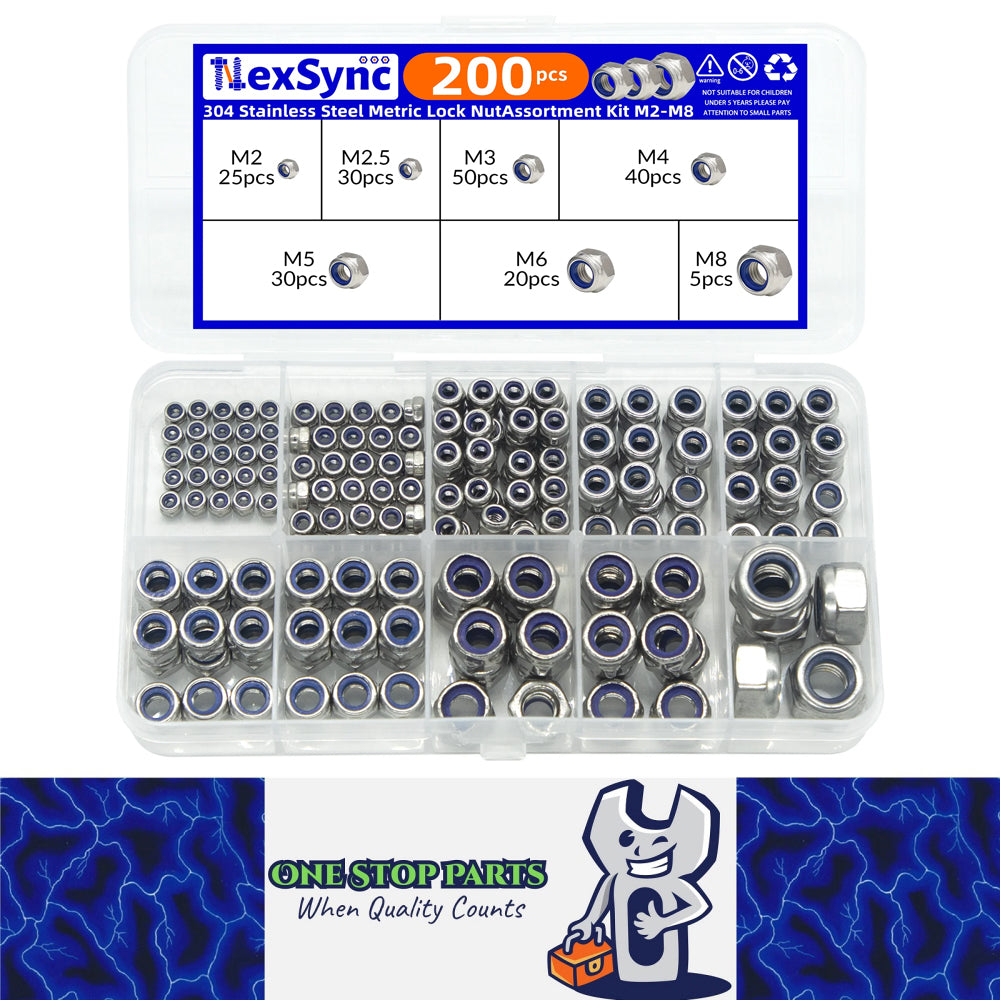 200pcs Stainless Steel Self Lock Hex Nut Nylock Locknut Kit M2-M8 Nylon Insert