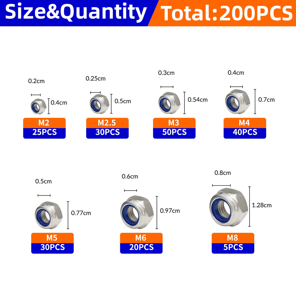 200pcs Stainless Steel Self Lock Hex Nut Nylock Locknut Kit M2-M8 Nylon Insert