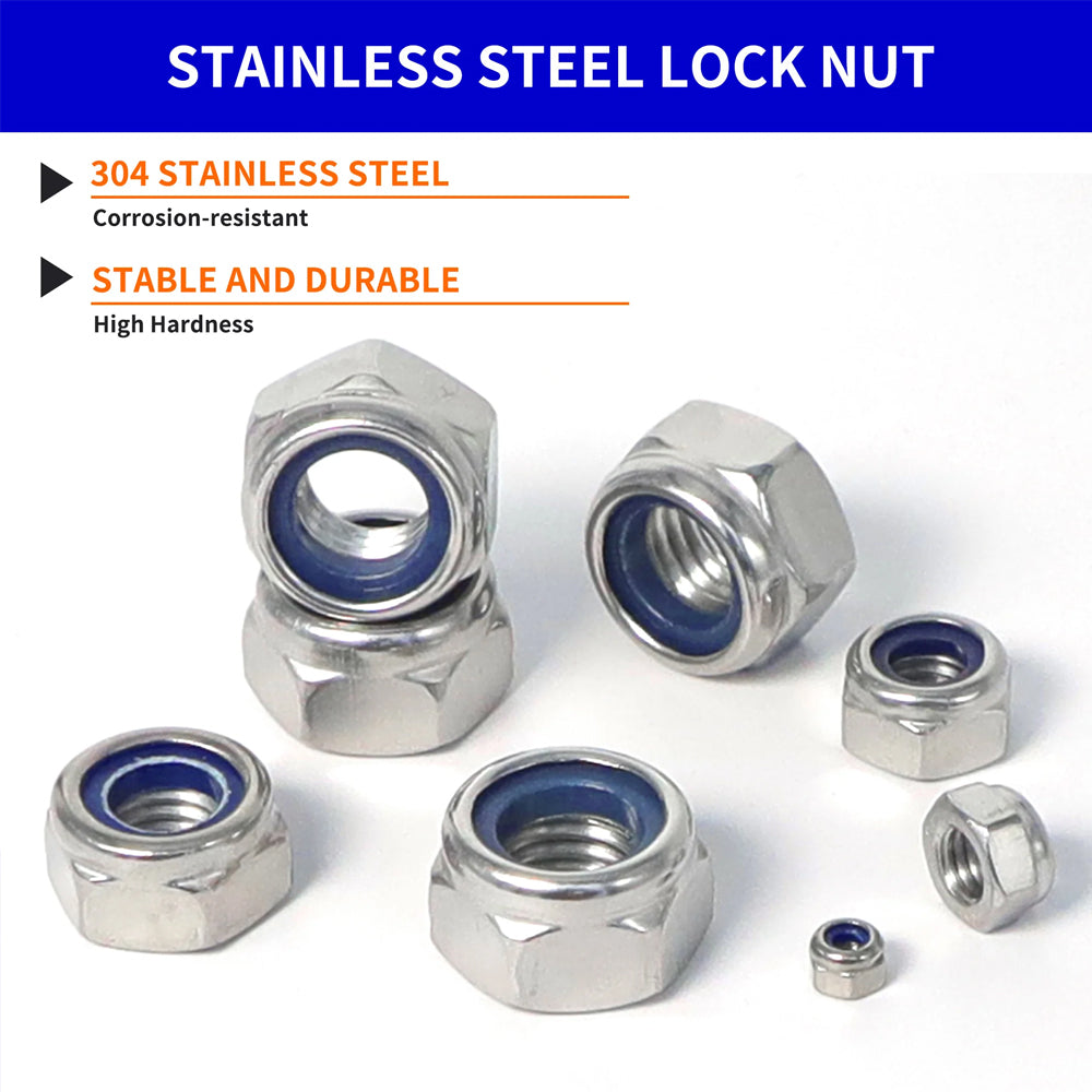 200pcs Stainless Steel Self Lock Hex Nut Nylock Locknut Kit M2-M8 Nylon Insert
