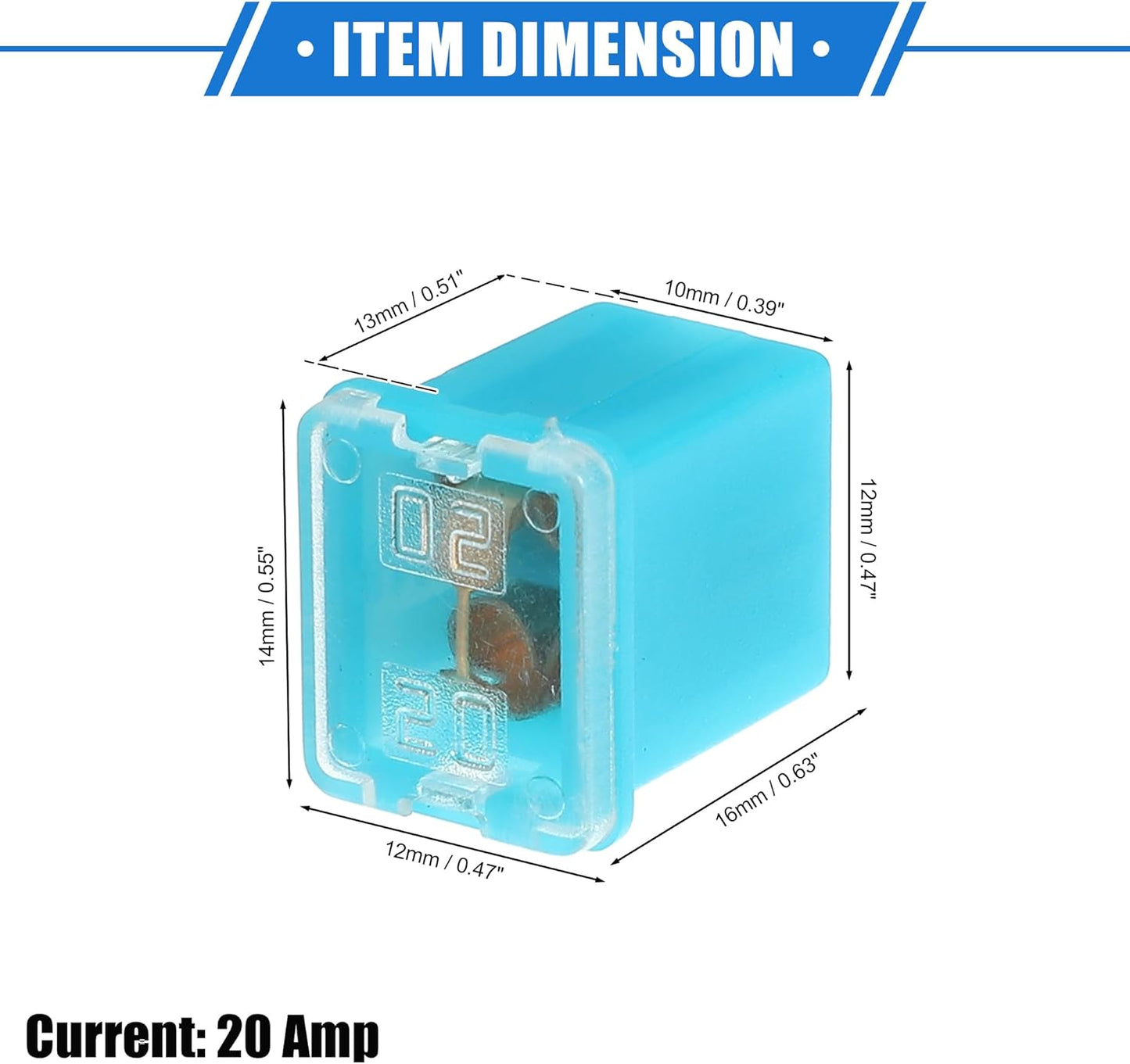 1 x 20Amp Light Blue Mini Slow Blow Fuse Block 10mmx12mm x 16mm High 20A Fuse