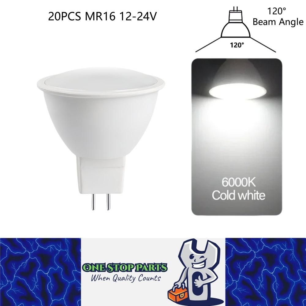 20 x MR16 3W LED Spotlight AC/DC 12-24V 120 Degree 6000K Cold White Downlight