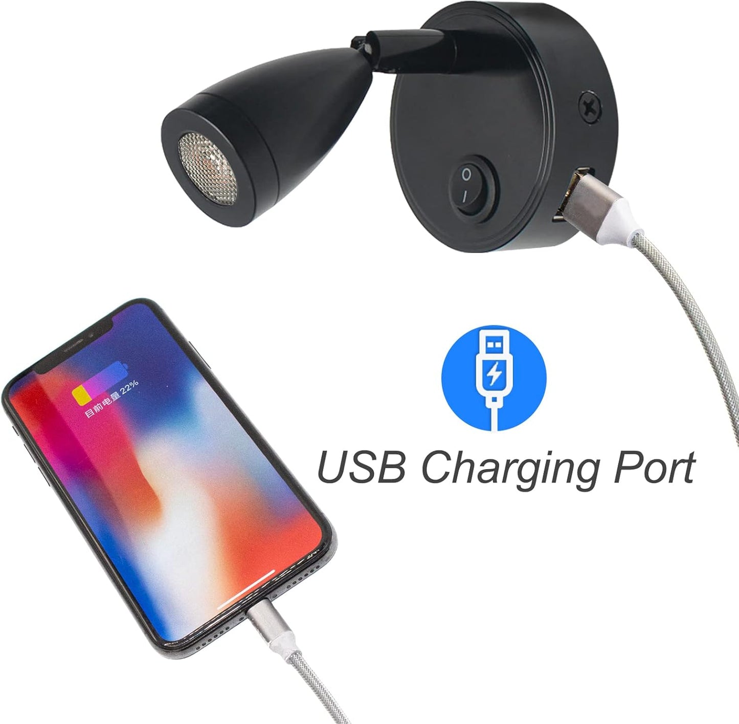 12v-24v Black Warm White LED Bedside Reading Light with Switch and USB (1pc)