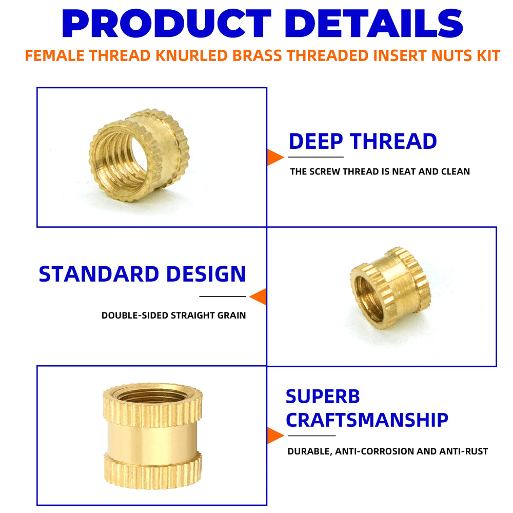 220pcs M2-M6 Brass Heat Insert Nut for 3D Printer Hot Melt Knurled Female Thread
