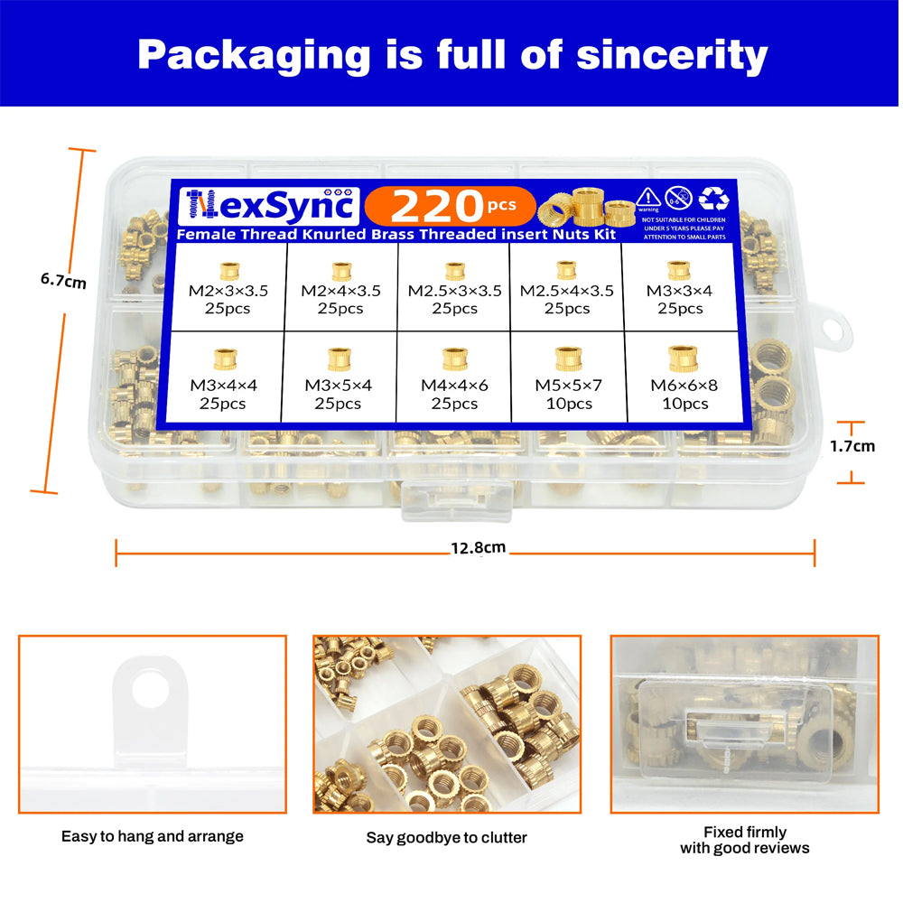 220pcs M2-M6 Brass Heat Insert Nut for 3D Printer Hot Melt Knurled Female Thread