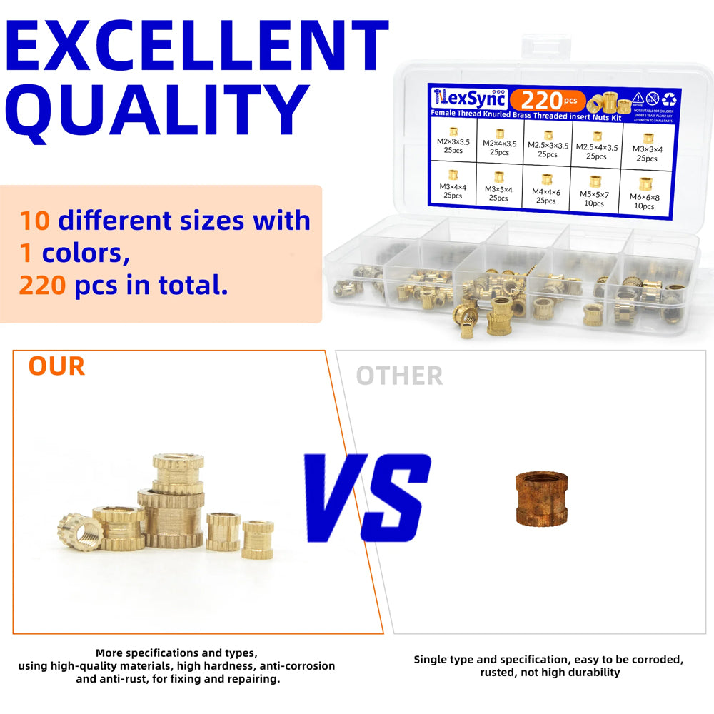 220pcs M2-M6 Brass Heat Insert Nut for 3D Printer Hot Melt Knurled Female Thread