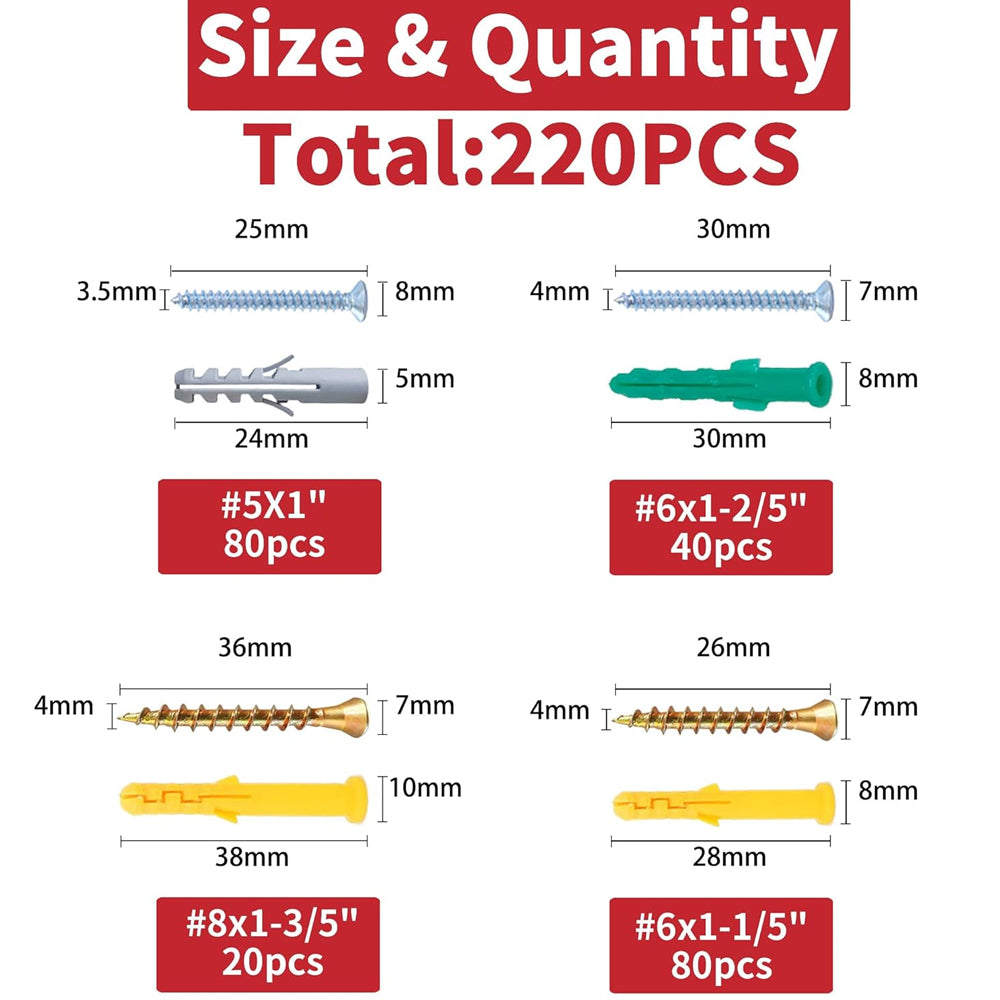 220pcs Drywall Anchors and Screws Kit 110 Plastic Anchors & 110 Philip Screws