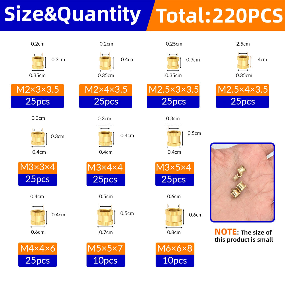 220pcs M2-M6 Brass Heat Insert Nut for 3D Printer Hot Melt Knurled Female Thread