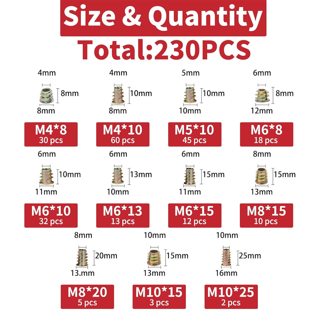 230pcs Wood Threaded Inserts Kit 11 Size M4/5/6/8/10 Furniture Assembly Nut