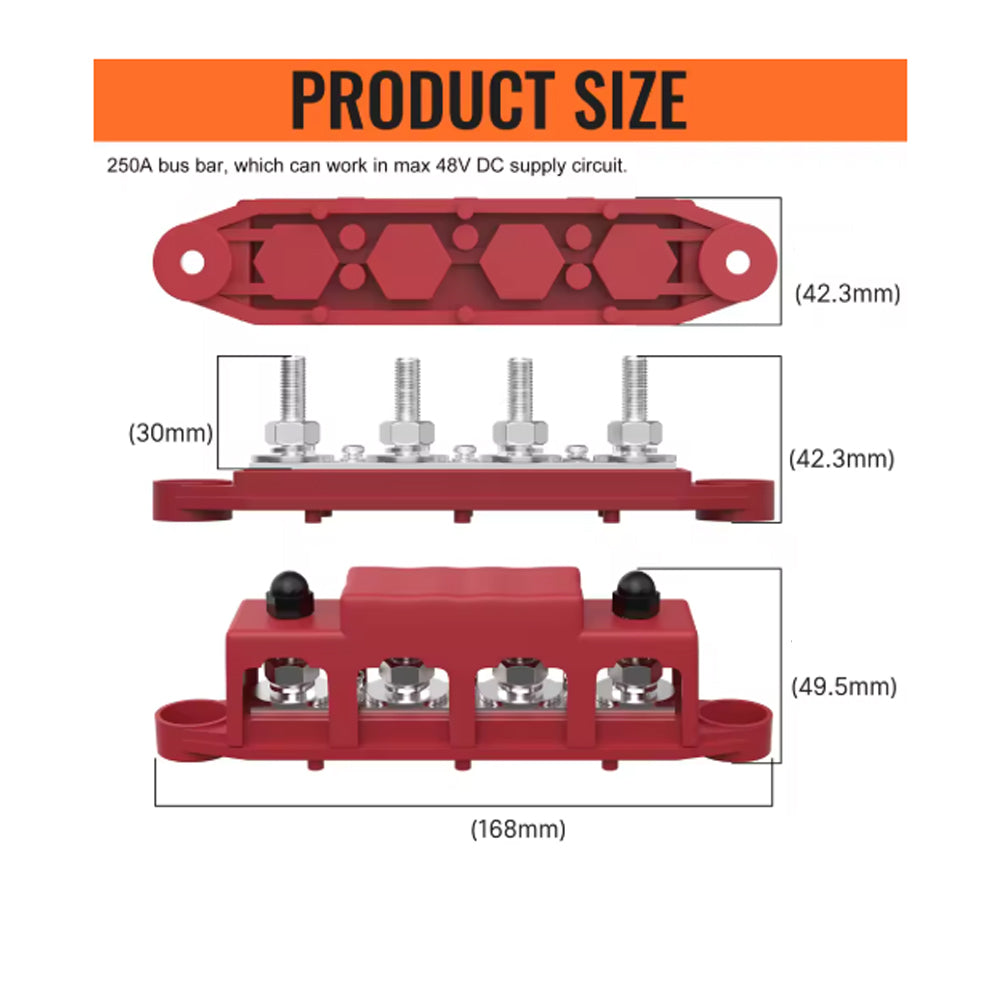 M8 Bus Bar 12V-48V 250A Power Distribution Block 4xM8 Posts Studs 3xM4 Terminals