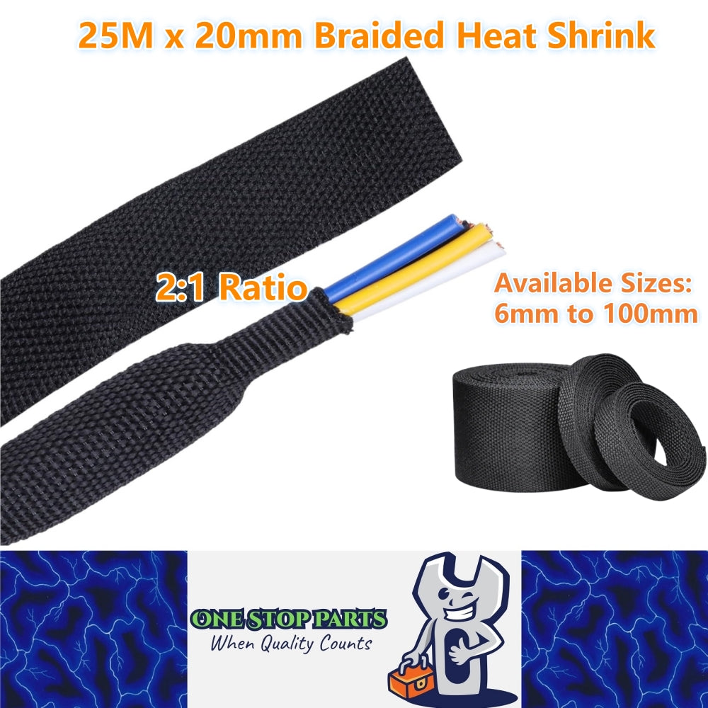 25M x 20mm 2:1 Black Heat Shrink Braided Sleeve Shrink 20mm to 10mm Heat Shrink
