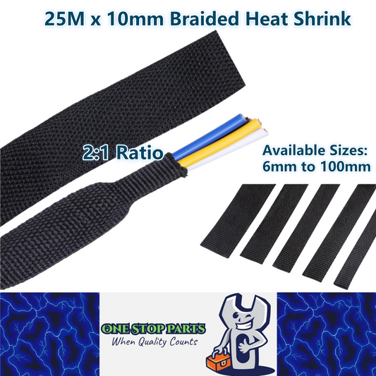 25M x 10mm 2:1 Black Heat Shrink Braided Sleeve Shrink 10mm to 5mm Heat Shrink