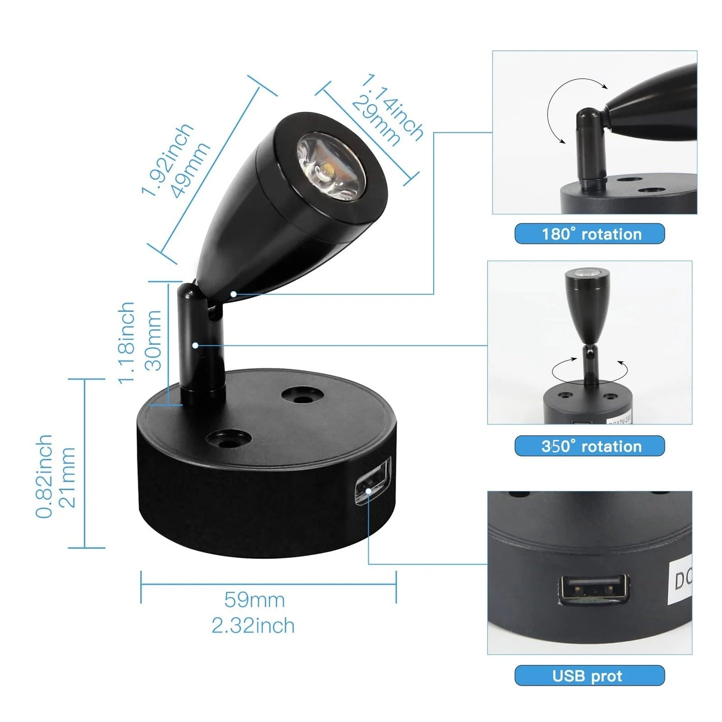 12v-24v Black Warm White LED Bedside Reading Light with Switch and USB (1pc)