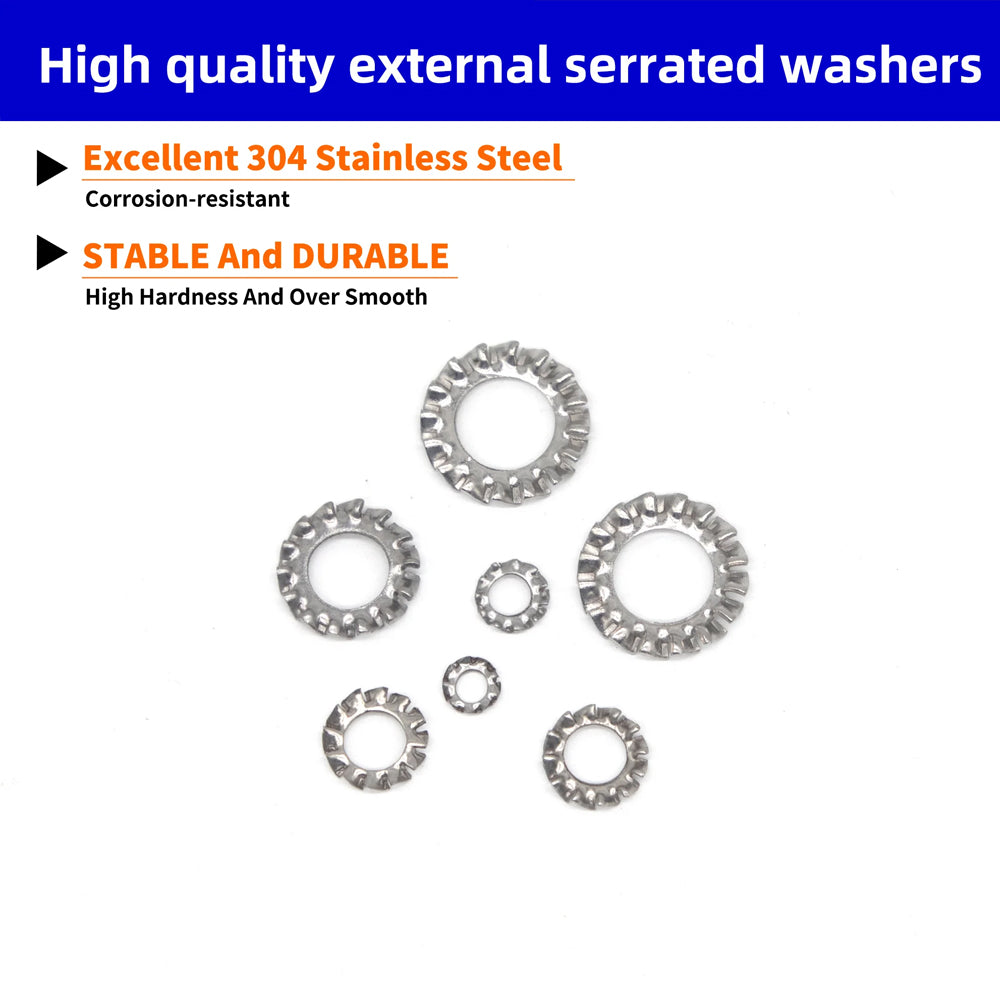 160pcs External Serrated Lock Washer M3–M12 Stainless Steel Toothed Lock Washer