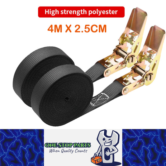2pcs 4M x 2.5CM Black Heavy Duty Ratchet Straps Cargo Tie Down Ratchet Ropes