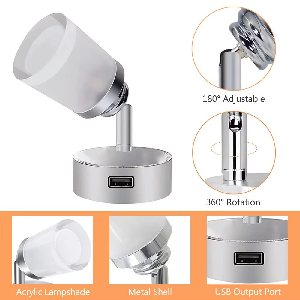 12v-24v Bedside Reading Light USB 3 Mode Touch Switch Cool, Warm,Natural White