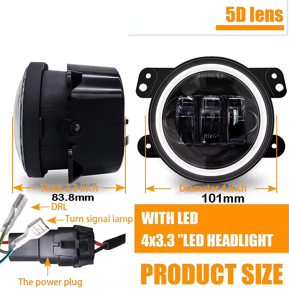 2pcs 101mm Round Led Fog Lights Driving Light with Halo DRL and Turn Signal Lamp