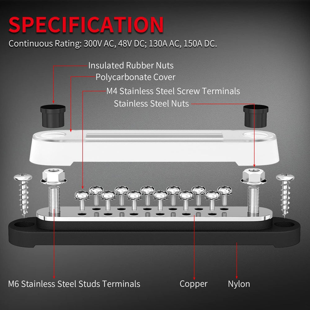 M6 Bus Bar 12V-48V 150A Power Distribution Block 2xM6 Posts Studs 12xM4 Terminal