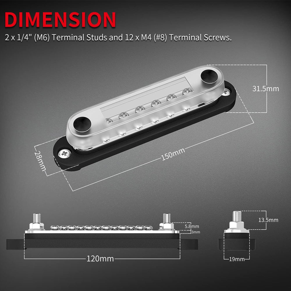 M6 Bus Bar 12V-48V 150A Power Distribution Block 2xM6 Posts Studs 12xM4 Terminal