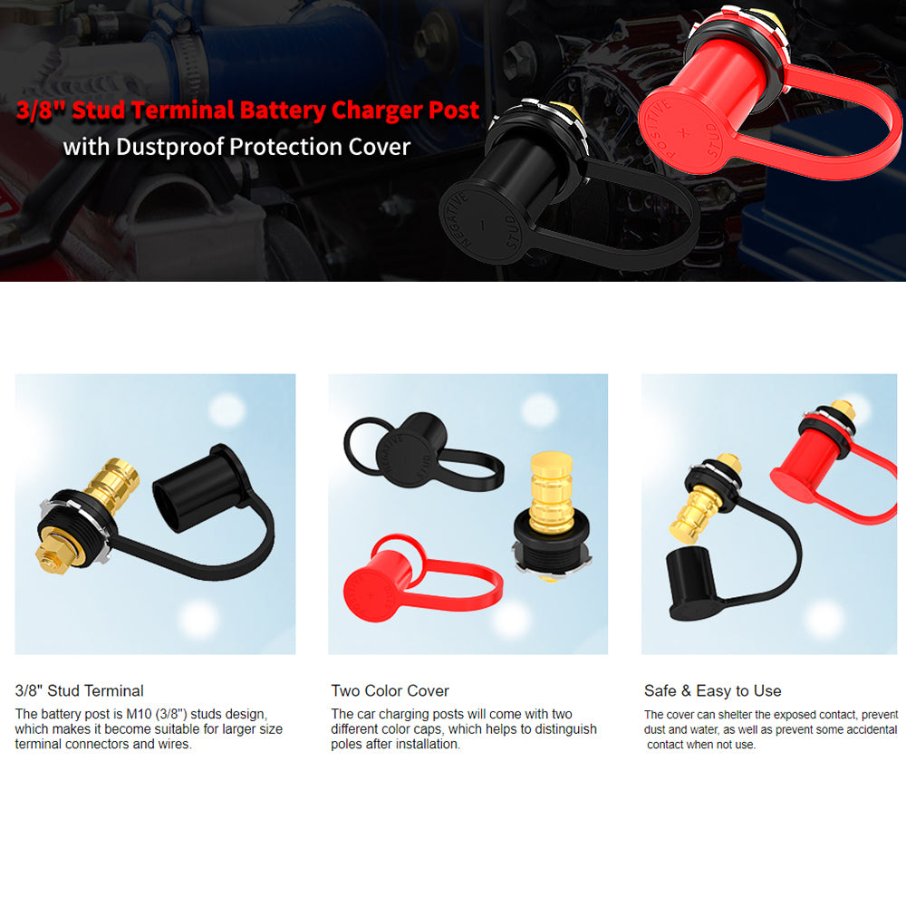 2 x Battery Charger Post M10 Stud Remote Battery Terminal with Cap for Car Truck