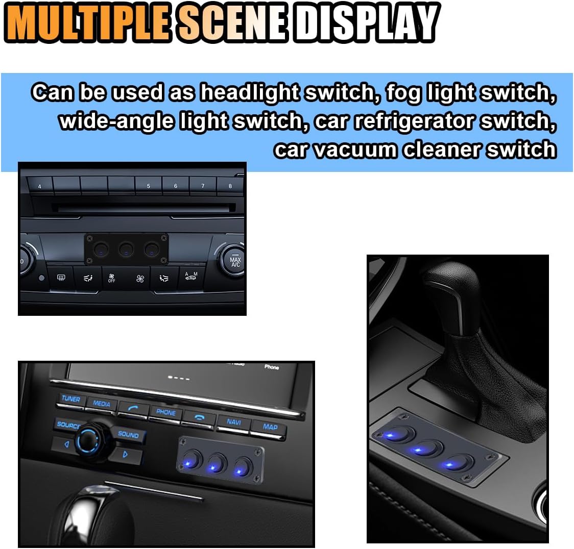 12/24V 3 x Rocker Button Switches on Panel with Blue LED Pre Wired with Screws