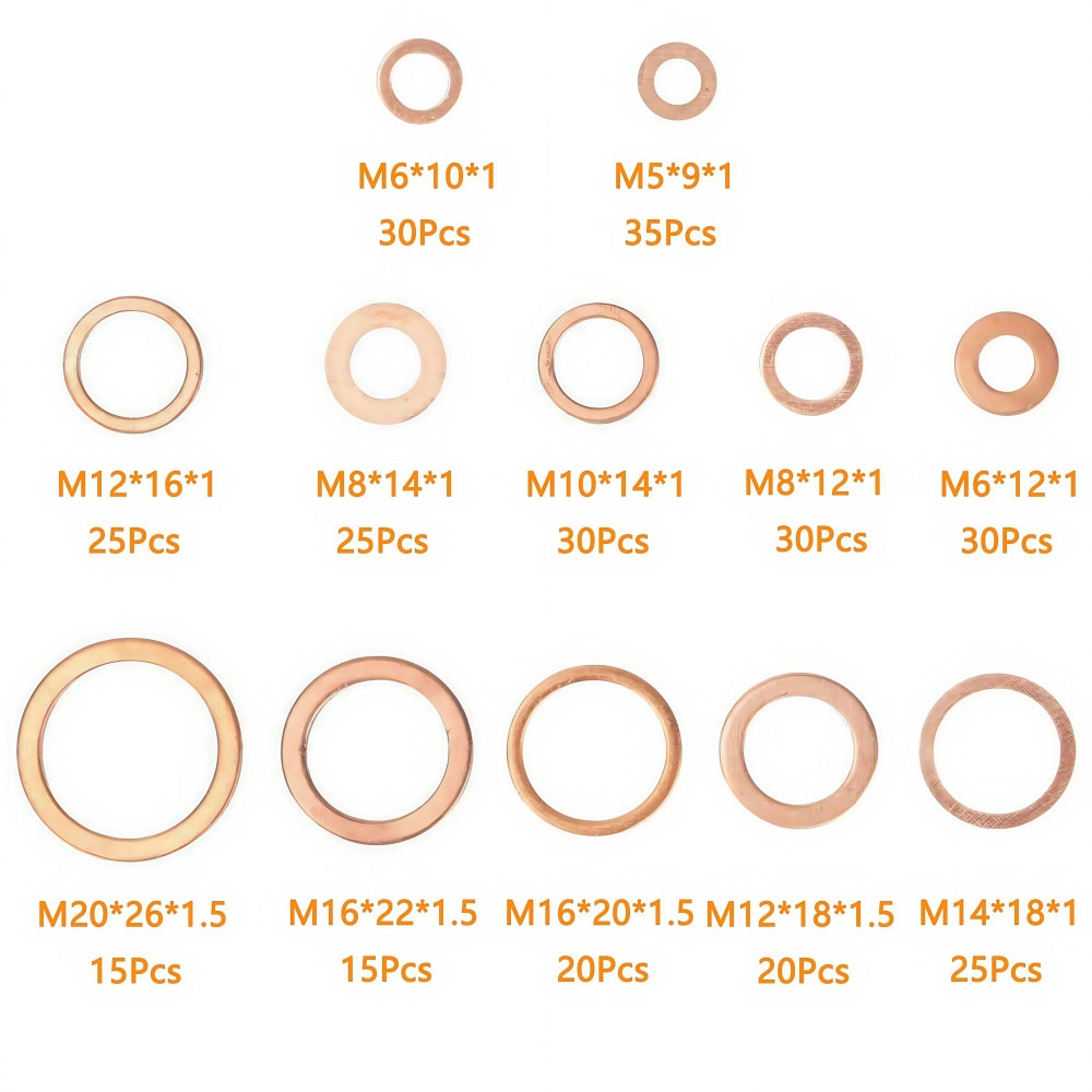 300 x Assorted Copper Sump Plug Washers M5 M6 M8 M10 M12-M20 Suits Most Vehicles