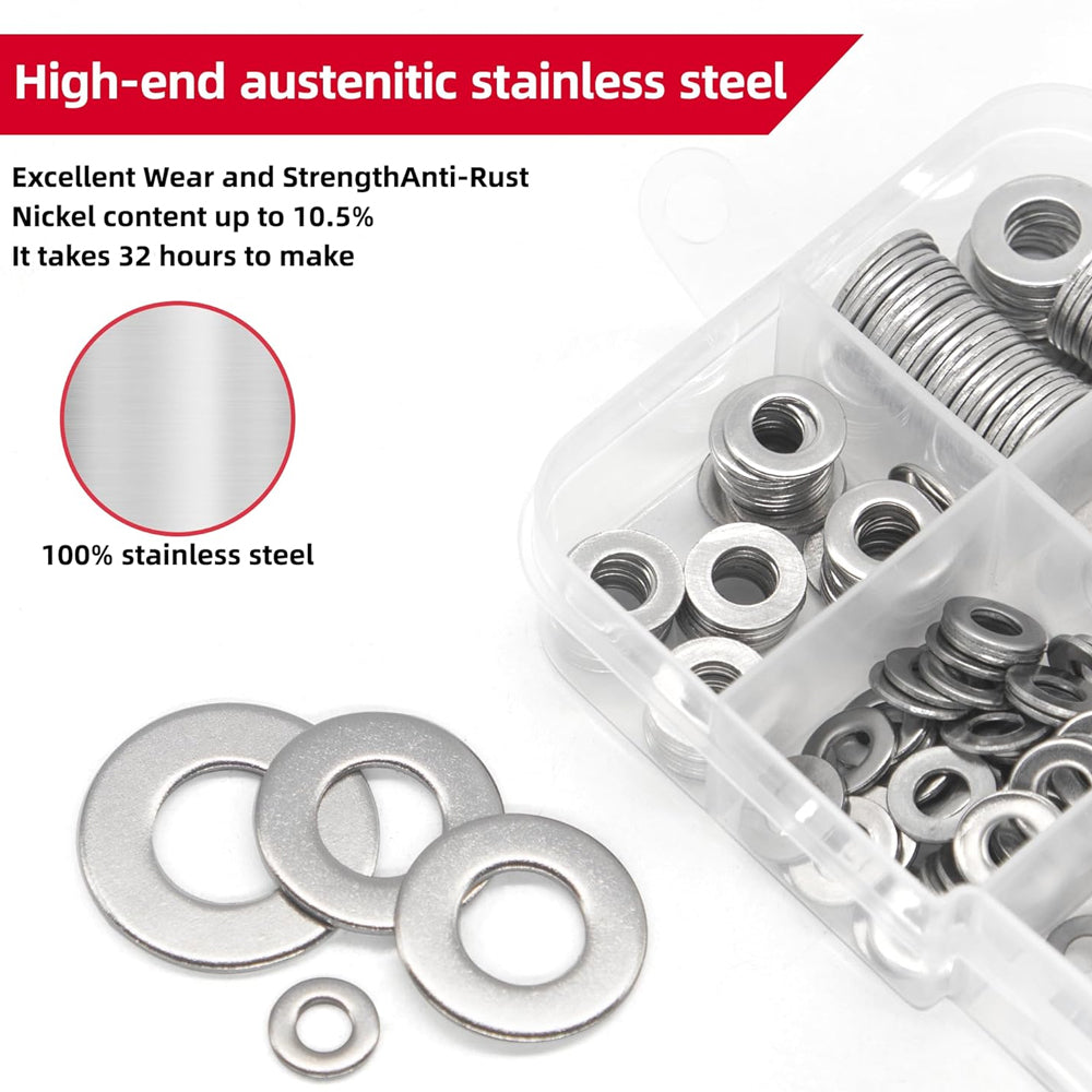 200pcs 304 Stainless Steel Flat Washer Kit M2–M10 8 Size for Home Car Repair DIY