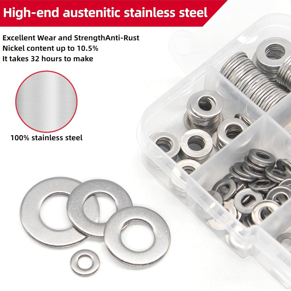 910pcs 304 Stainless Steel Flat Washer Kit M2–M12 9 Size for Home Car Repair DIY