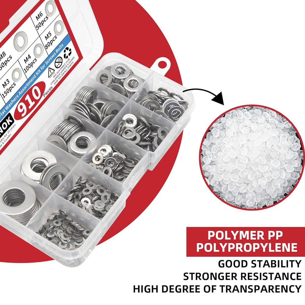 910pcs 304 Stainless Steel Flat Washer Kit M2–M12 9 Size for Home Car Repair DIY