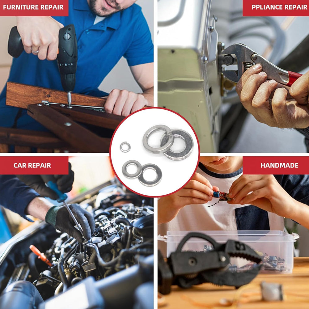 910pcs 304 Stainless Steel Flat Washer Kit M2–M12 9 Size for Home Car Repair DIY