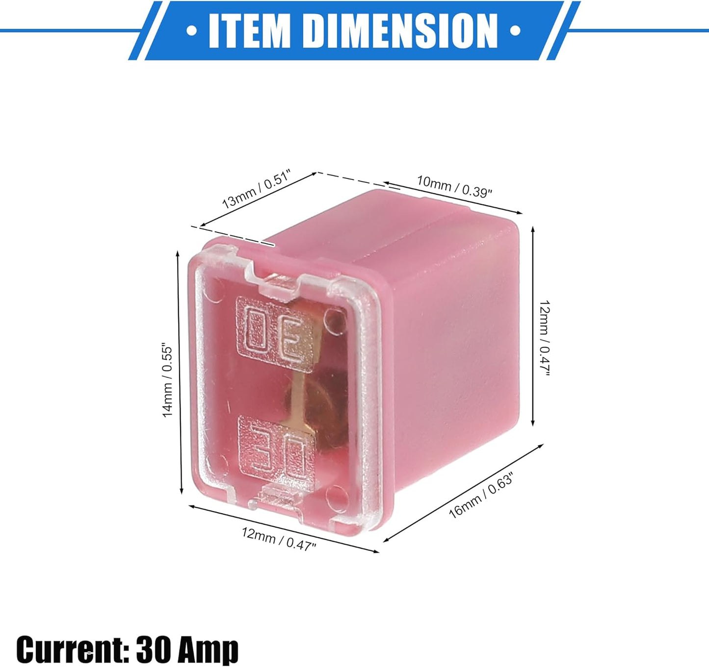 1 x 30Amp Pink Mini Slow Blow Fuse Block 10mmx12mm x 16mm High 30A Fuse (1pc)