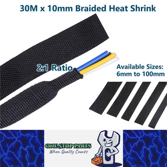 30M x 10mm 2:1 Black Heat Shrink Braided Sleeve Shrink 10mm to 5mm Heat Shrink