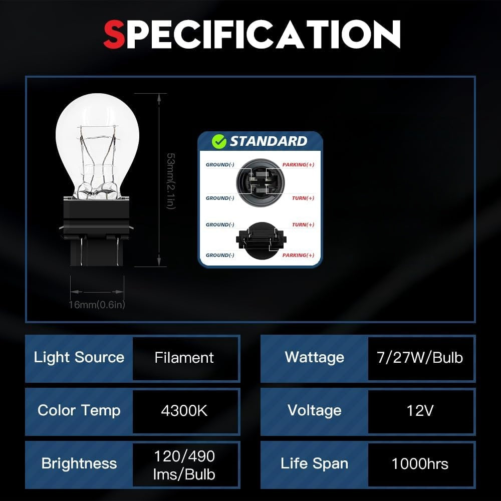 10 x 3157 12V 27/7W P27/7W Clear Standard Dual filament incandescent globes 10pc